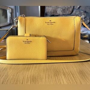 Kate Spade New York Yellow Pebbled Leather Crossbody Bag + Matching Wallet Set